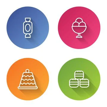 Set line Candy, Ice cream in bowl, Cake and Macaron cookie. Color circle button Stock Illustration