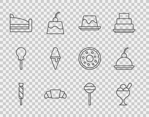 Set line Candy, Ice cream in bowl, Pudding custard, Croissant, Piece of cake Stock Illustration