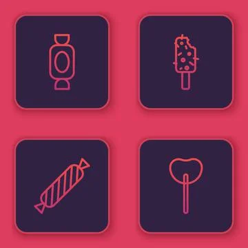 Set line Candy, , Ice cream and Lollipop. Blue square button. Vector Stock Illustration