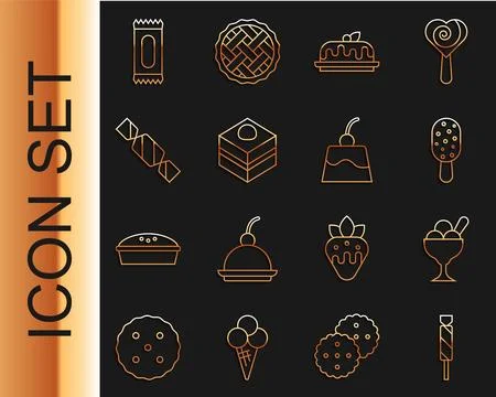 Set line Candy, Ice cream in bowl, Cake, Brownie chocolate cake, and Pudding Stock Illustration