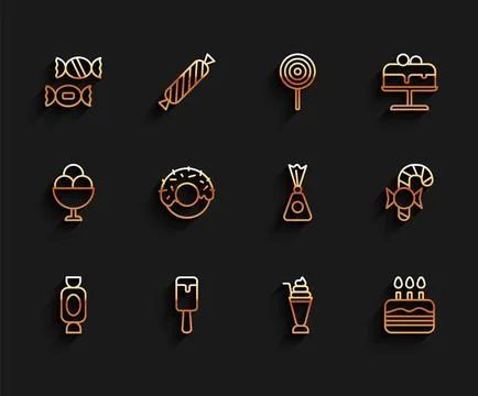 Set line Candy, Ice cream, Milkshake, Cake with burning candles, Donut, Chr.. Stock Illustration