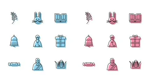 Set line Candy, Jesus Christ, Willow leaf, Easter egg, Gift box, Ringing bell Stock Illustration