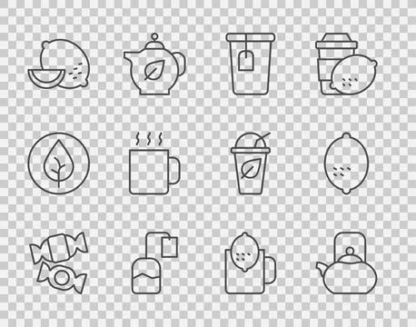 Set line Candy, Kettle with handle, Cup tea bag, Tea, Lemon, of, lemon and icon Illustration