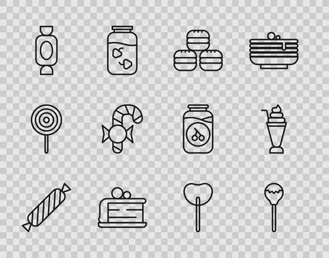 Set line Candy, Lollipop, Macaron cookie, Piece of cake, Christmas candy cane Stock Illustration