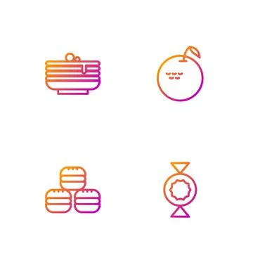 Set line Candy, Macaron cookie, Stack of pancakes and Apple. Gradient color Stock Illustration