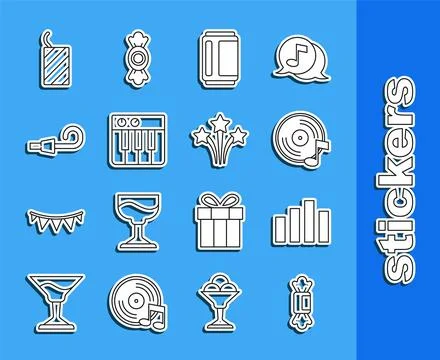 Set line Candy, Music equalizer, Vinyl disk, Beer can, synthesizer, Birthda.. Illustrazione stock