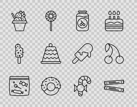 Set line Candy packaging for sweets, Sugar stick packets, Cherry jam jar, Donut Stock Illustration