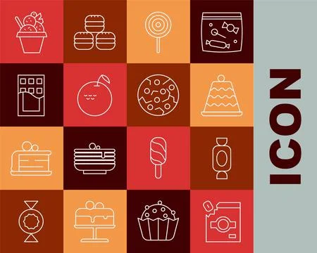 Set line Candy packaging for sweets, Cake, Lollipop, Apple, Chocolate bar, Ice Illustrazione stock