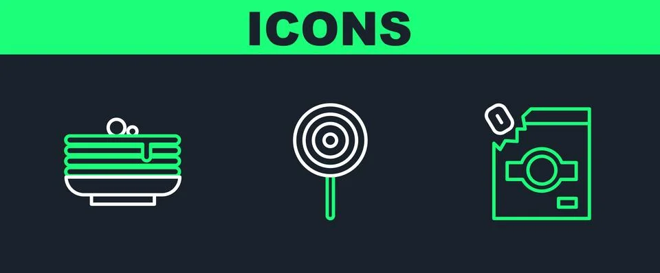 Set line Candy packaging for sweets, Stack of pancakes and Lollipop icon. V.. Illustrazione stock