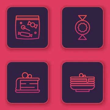 Set line Candy packaging for sweets, Piece of cake,  and Stack pancakes. Blue Illustrazione stock