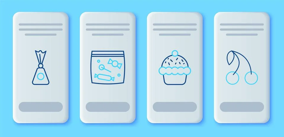 Set line Candy packaging for sweets, Cupcake,  and Cherry icon. Vector Stock Illustration