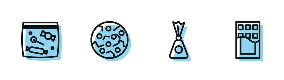 Set line Candy, packaging for sweets, Cookie biscuit and Chocolate bar icon.  Stock Illustration