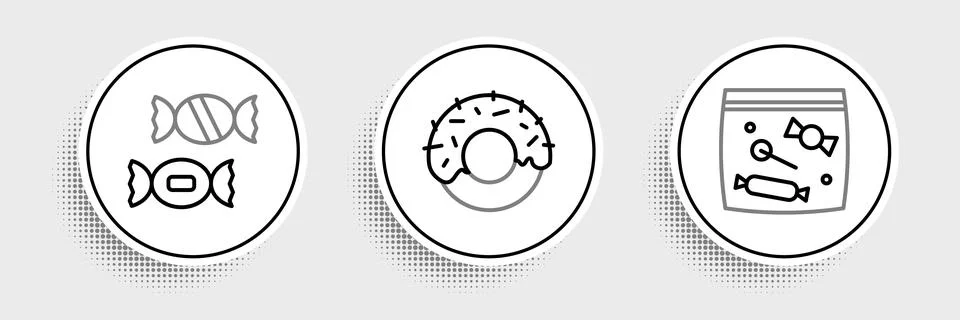 Set line Candy packaging for sweets,  and Donut icon. Vector Stock Illustration