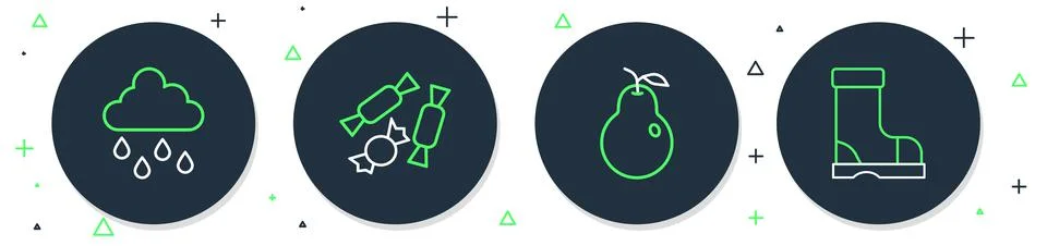 Set line Candy, Pear, Cloud with rain and Waterproof rubber boot icon. Vector イラスト素材