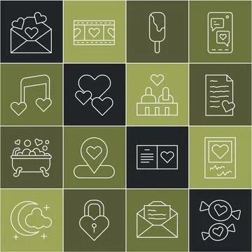 Set line Candy, Photo frames hearts, Envelope with Valentine, Ice cream, He.. Stock Illustration