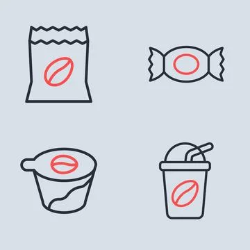 Set line Candy, Pour over coffee maker, Iced and Bag beans icon. Vector Stock Illustration