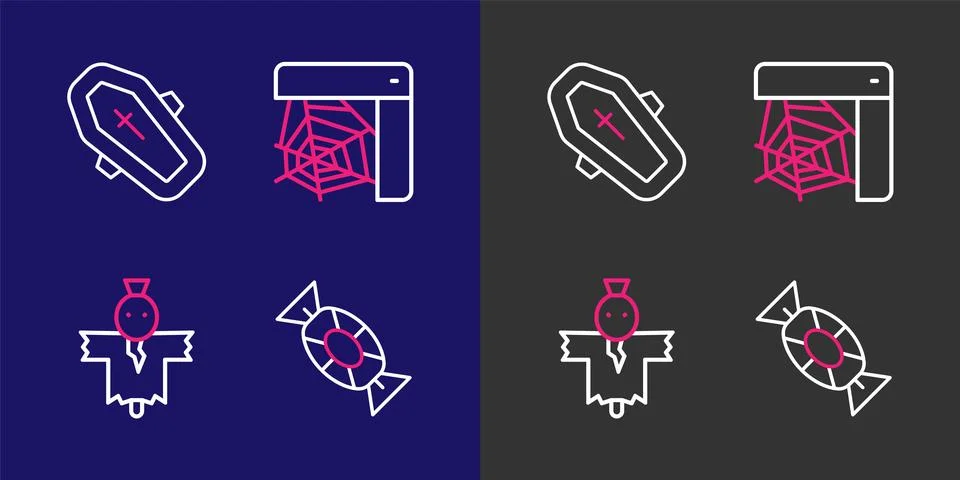 Set line Candy, Scarecrow, Spider web and Coffin with cross icon. Vector イラスト素材