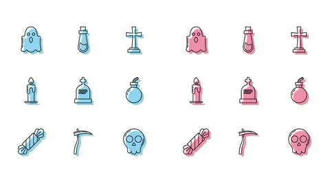 Set line Candy, Scythe, Ghost, Skull, Tombstone with RIP, Bomb ready explod.. 스톡 일러스트