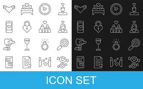 Set line Candy, Search heart love, Couple in, Clock with, Castle the shape of Stock Illustration