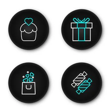 Set line Candy, Shopping bag with heart, Gift box and Wedding cake icon. Vect Stock Illustration