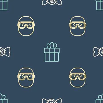 Set line Candy, Ski goggles and Gift box on seamless pattern. Vector Illustrazione stock