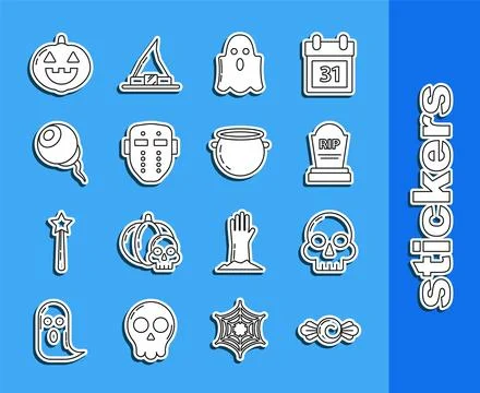 Set line Candy, Skull, Tombstone with RIP, Ghost, Hockey mask, Eye, Pumpkin.. Stock Illustration