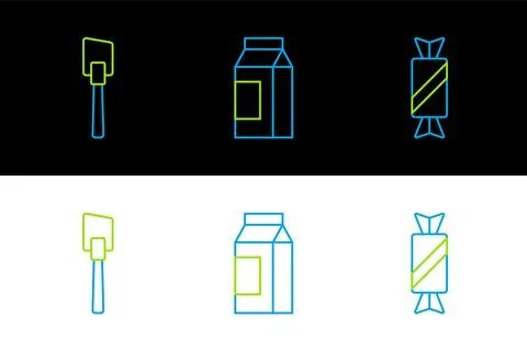 Set line Candy, Spatula and Paper package for milk icon. Vector Stock Illustration