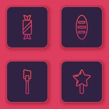 Set line Candy, Spatula, Bread loaf and Lollipop. Blue square button. Vector Illustrazione stock