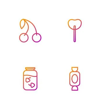 Set line Candy, Strawberry jam jar, Cherry and Lollipop. Gradient color icons Stock Illustration