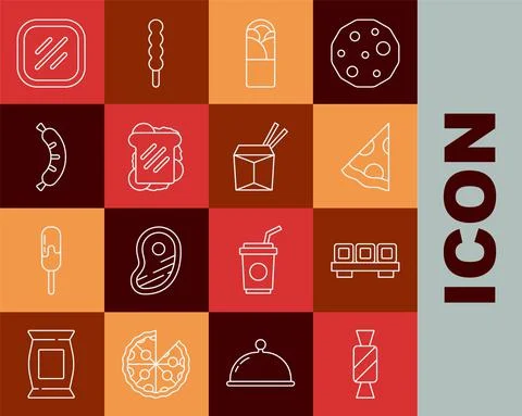 Set line Candy, Sushi on cutting board, Slice of pizza, Doner kebab, Sandwich Stock Illustration