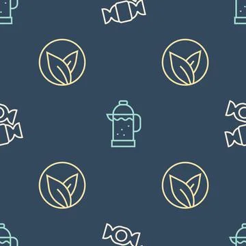 Set line Candy, Tea leaf and French press on seamless pattern. Vector Illustrazione stock