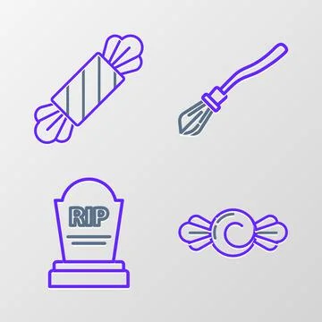 Set line Candy, Tombstone with RIP, Witches broom and icon. Vector Illustration