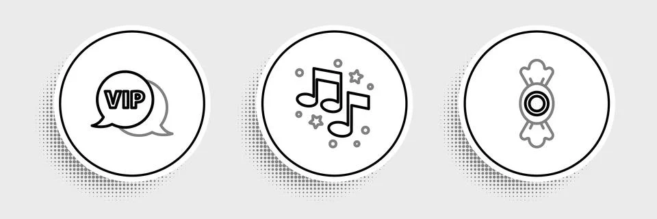 Set line Candy, Vip in speech bubble and Music note, tone icon. Vector 스톡 일러스트
