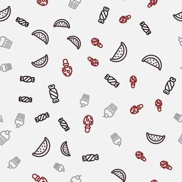 Set line Candy, Watermelon, Muffin and Fly agaric mushroom on seamless pattern Stock Illustration