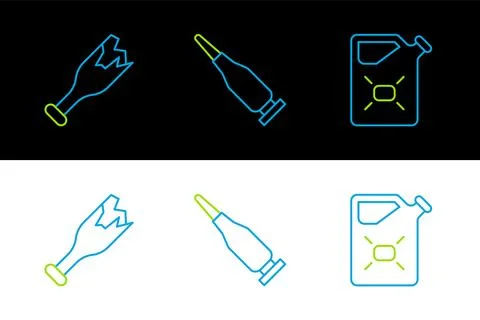 Set line Canister fuel, Broken bottle as weapon and Bullet icon. Vector Stock Illustration