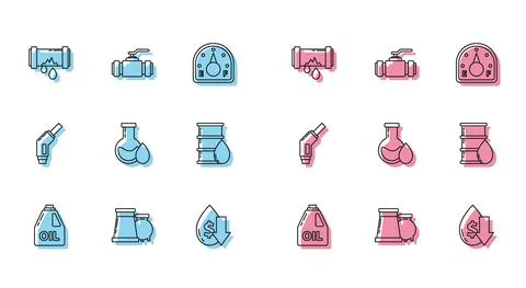 Set line Canister for motor machine oil, Broken metal pipe with leaking water Stock Illustration