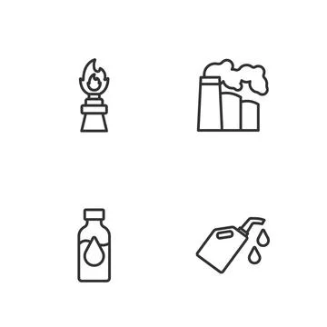 Set line Canister for motor machine oil, Oil petrol test tube, rig with fire and Stock Illustration