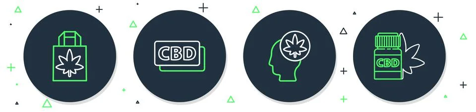 Set line Cannabis molecule, Head with marijuana or cannabis, Shopping paper bag Stock Illustration