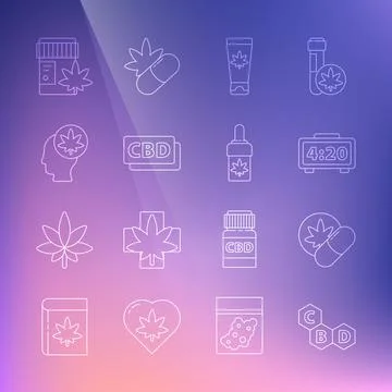 Set line Cannabis molecule, Herbal ecstasy tablets, Digital alarm clock, Medical Stock Illustration