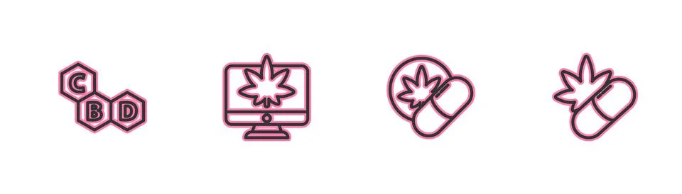 Set line Cannabis molecule, Herbal ecstasy tablets, Monitor and marijuana or Stock Illustration