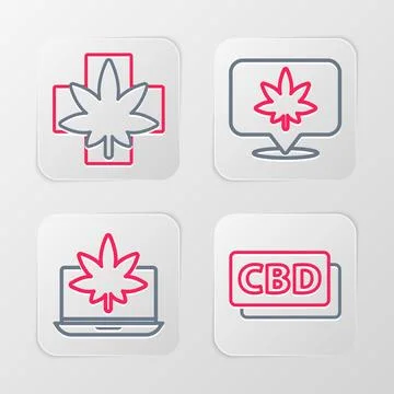 Set line Cannabis molecule, Laptop and marijuana or cannabis, Location and .. Stock Illustration