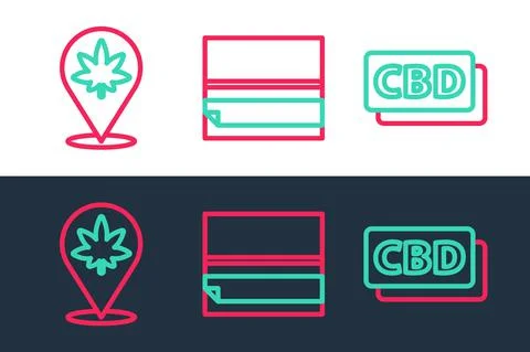 Set line Cannabis molecule, Location and marijuana and Rolling paper icon Stock Illustration