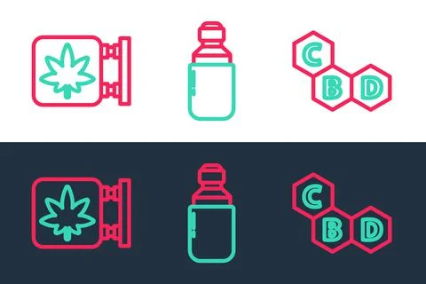Set line Cannabis molecule, Marijuana and cannabis store and olive oil icon Stock Illustration