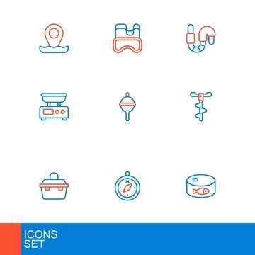 Set line Canned fish, Compass, Case or box for fishing equipment, Hand ice .. Stock Illustration