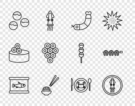 Set line Canned fish, Octopus on plate, Shrimp, Sushi, Takoyaki, Caviar, Serv Stock Illustration