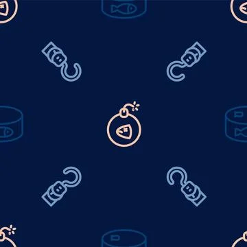 Set line Canned fish, Spring scale and Bomb on seamless pattern. Vector 스톡 일러스트