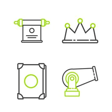 Set line Cannon, Ancient magic book, Crown and Magic scroll icon. Vector Stock Illustration