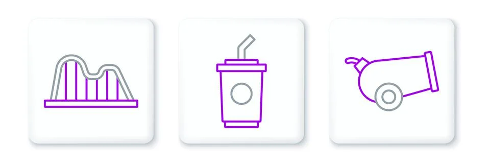 Set line Cannon, Roller coaster and Paper glass with water icon. Vector Illustrazione stock