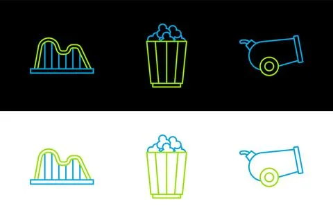 Set line Cannon, Roller coaster and Popcorn in box icon. Vector Illustrazione stock