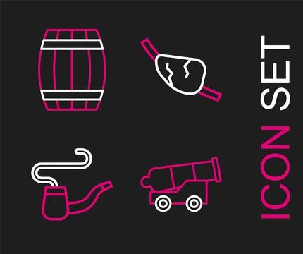 Set line Cannon, Smoking pipe, Pirate eye patch and Wooden barrel icon. Vecto Stock Illustration